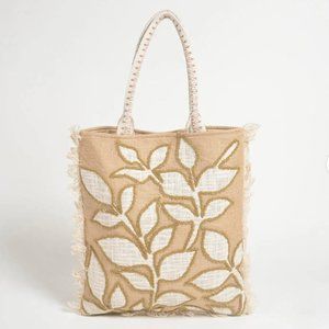 Leaf Pattern Jute Tote bag with Frayed Edges